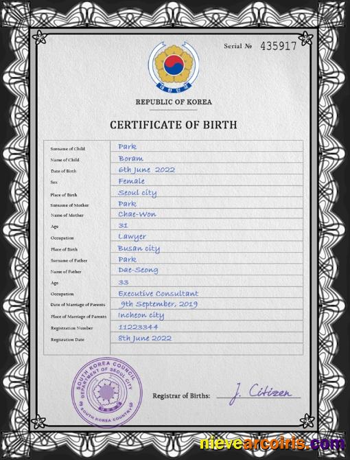 South Korea birth certificate